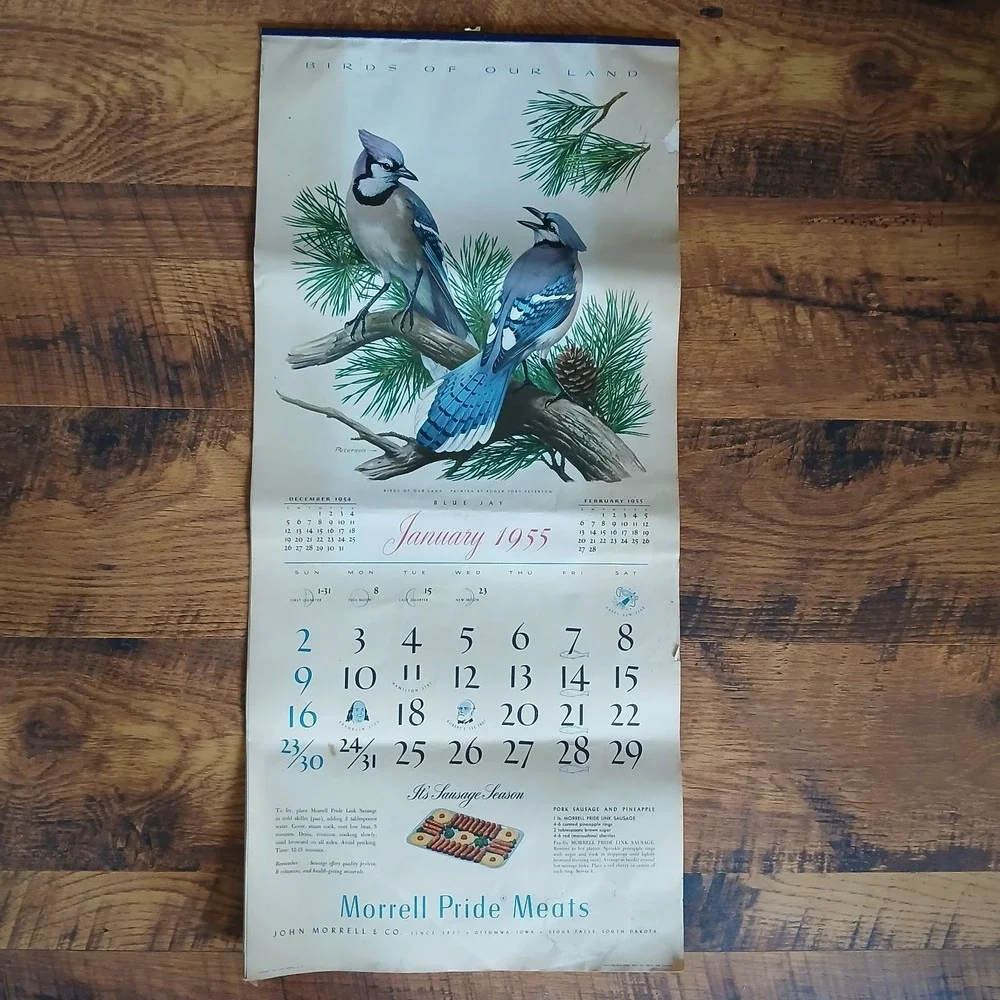 Vtg 1955 Birds Of Our Land Advertising Calendar Morrell Pride Meats Recipe READ